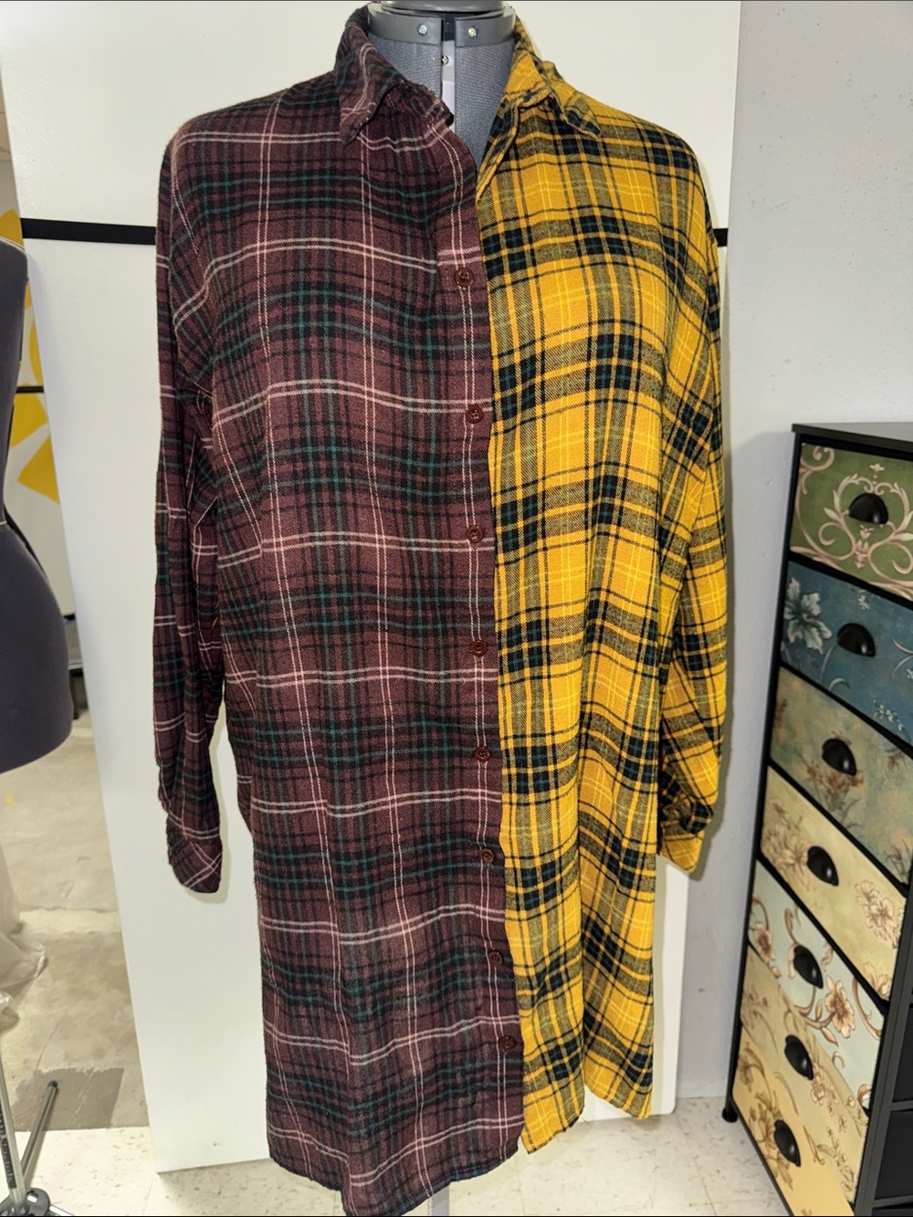 Nasty Gal Two-Tone Plaid Shirt Dress in Yellow & Burgundy